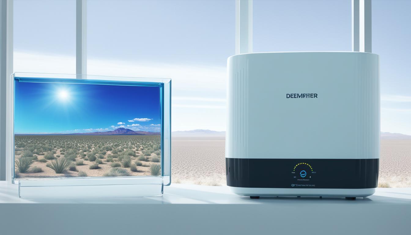 Display a desert landscape with a dehumidifier on the horizon, highlighting its ability to remove moisture from the air. Water droplets being collected 
in the dehumidifier's tank that emphasize its energy efficiency by incorporating solar panels nearby. The dehumidifier is sleek and modern with digital 
controls, adjustable settings, and a built-in air filter for improved indoor air quality.