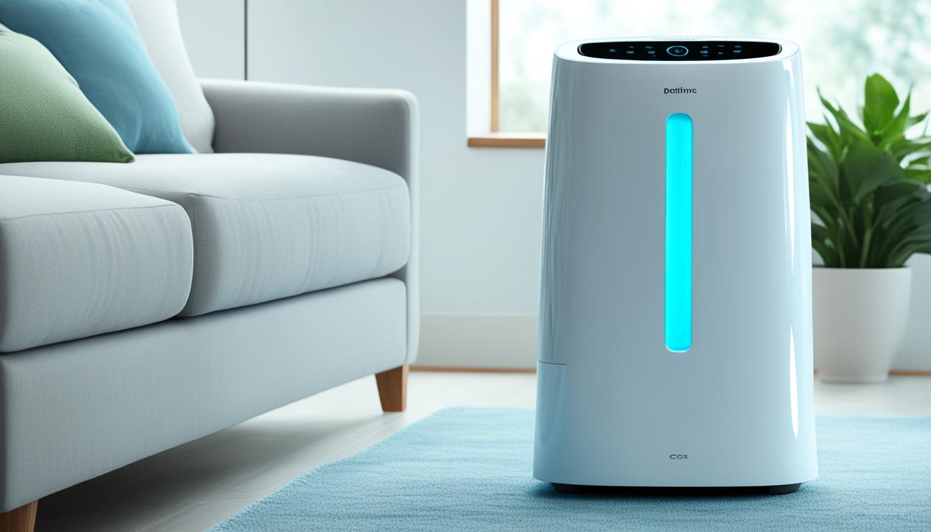 An image of a sleek and modern dehumidifier sitting in the corner of a spacious living room, surrounded by plush furniture and green potted plants. 
The dehumidifier is emitting a soft blue light and there are droplets of water visible on the surface of the device, indicating that it is effectively 
removing excess moisture from the air. In the background, through a large window, rain can be seen pouring down outside, highlighting that
this is the best dehumidifier in India for monsoon season.