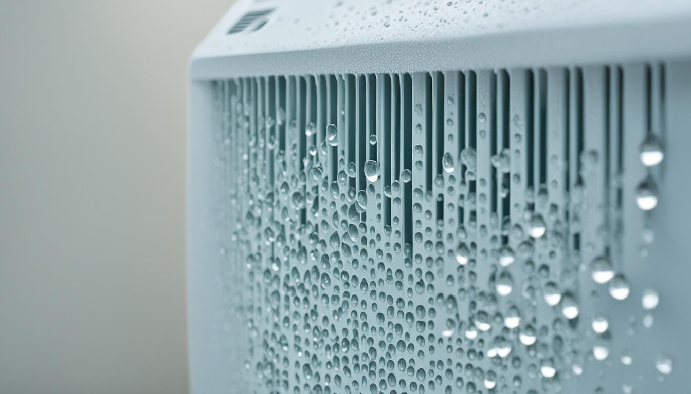 A close-up view of a dehumidifier placed in the corner of a room. The dehumidifier extracts moisture and puddles of water from the air, which accumulates 
during the monsoon season. Droplets of water being collected in its tank. Highlights the importance of keeping indoor environments dry during monsoon season to prevent mold growth, allergies, and respiratory problems.