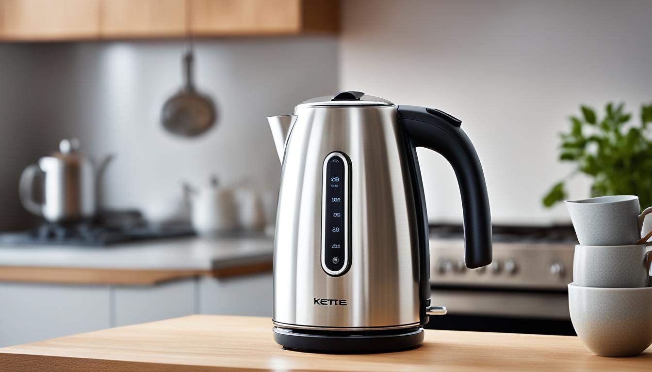 Create an image depicting a sleek, modern electric kettle in a cozy kitchen setting. The kettle should be the focus of the image, with its shiny metal surface reflecting the warm glow of the kitchen lights. Steam should be rising from the spout, hinting at the delicious tea brewing inside. The background should feature soft earthy tones and natural textures, like woodgrain or stone. The overall atmosphere should be calm and inviting, evoking the comforting feeling of a hot cup of tea on a chilly day.