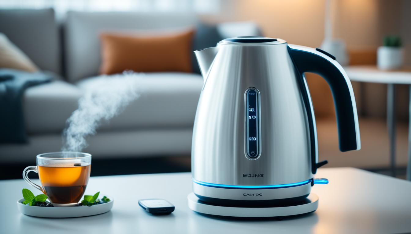 A close-up shot of the electric kettle with a steaming cup of tea beside it, showcasing its sleek and modern design. In the background, a warm and cozy living room setting with soft lighting and plush cushions to create a relaxed tea-drinking atmosphere.