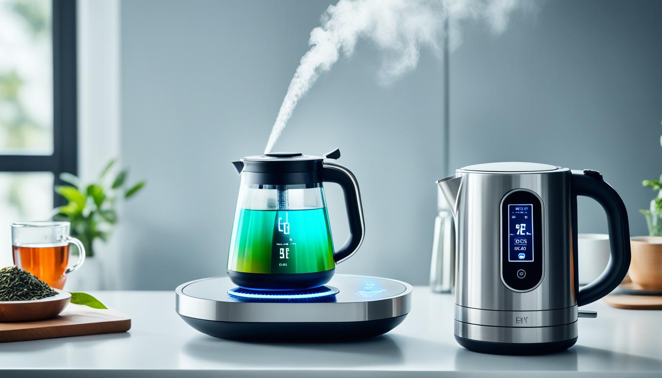 A sleek, modern electric kettle sitting on a countertop, with a digital display screen showing the temperature setting. The kettle is surrounded by various types of tea leaves and a mug filled with steaming tea. Rays of light are emanating from the temperature display, emphasizing the importance of precise temperature control for the perfect cup of tea.