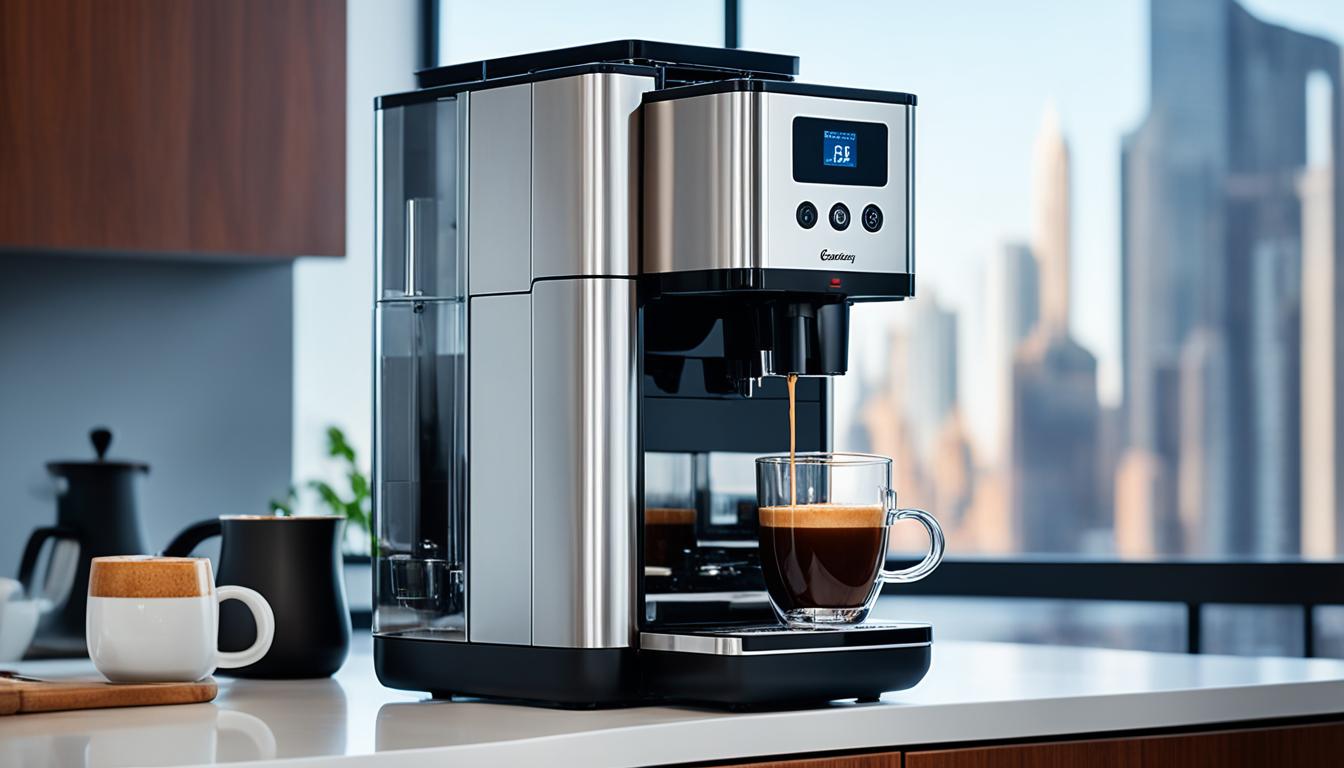 Show a compact coffee machine placed on a small kitchen counter in a studio apartment with a window in the background overlooking a cityscape. The best coffee machine in India for studio apartments should have a sleek and modern design, with buttons and screens that appear easy to understand and operate. The machine should also be shown brewing a fresh cup of coffee, with steam rising from the mug and a rich brown color evident in the liquid. The image should depict a cozy and inviting atmosphere that highlights the convenience of having a space-saving coffee maker in a small living space.