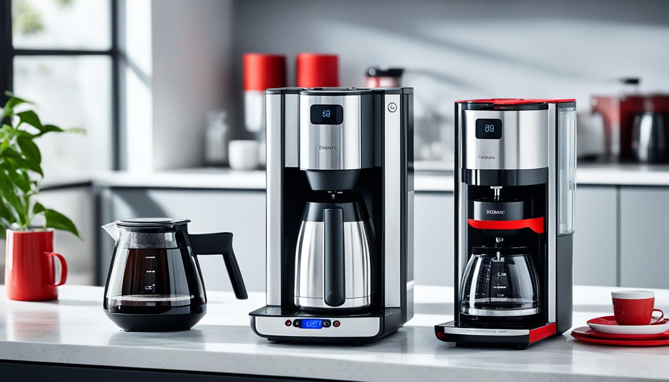 Show a cozy kitchen counter with three compact coffee makers on it, each one having a unique design and color. The first coffee maker is sleek and black, with a digital display showing the brewing time. The second coffee maker is white and cylindrical, with a transparent water tank and a stainless steel filter. The third coffee maker is small and red, with a retro design and a single button for brewing. Show steam rising from each coffee maker, indicating that they are all in use at the same time. In the background, show a window with a city view, suggesting that these compact coffee makers are perfect for small urban spaces like studio apartments.