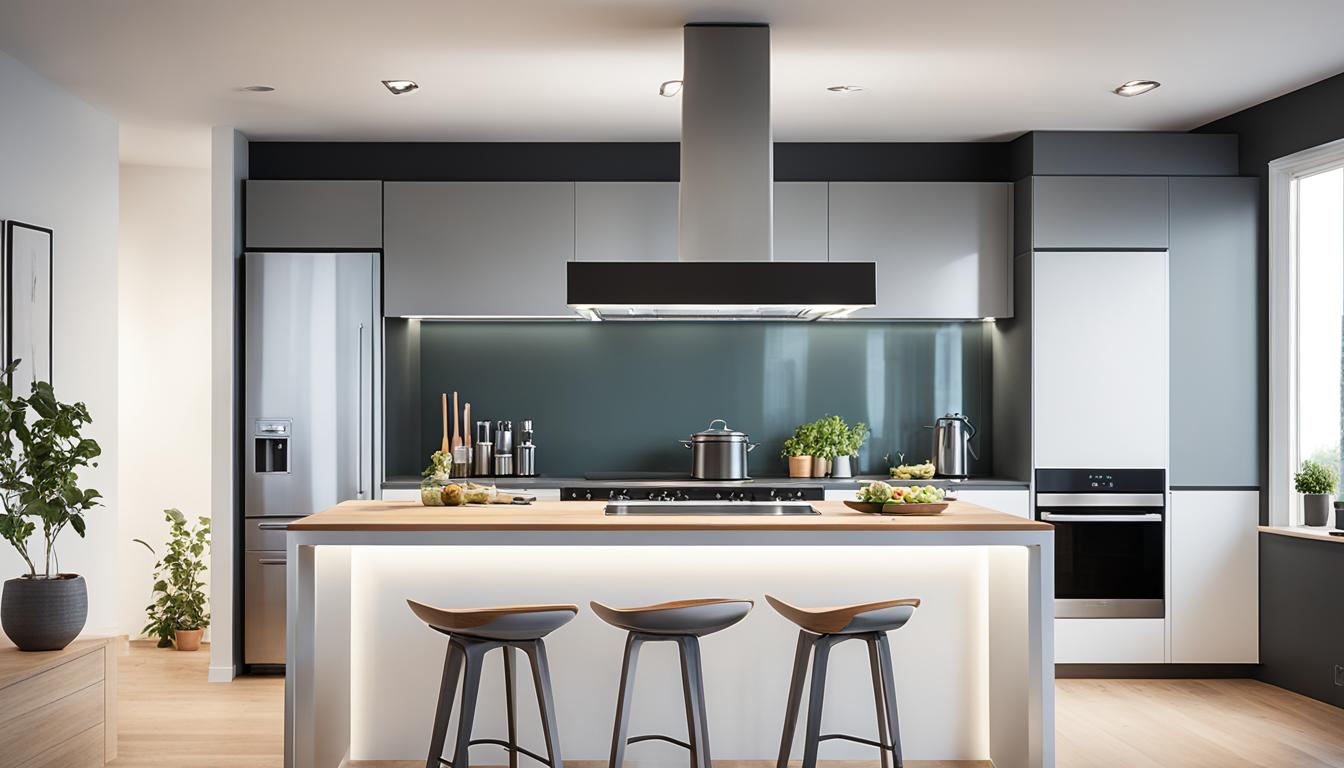 An image of a sleek and modern kitchen with a chimney hood hovering over the stove. The chimney hood should have a smoke sensor and be stylishly designed to blend seamlessly with the kitchen decor. The lighting above the stove should highlight the chimney's sleek design and give a warm, welcoming feel to the kitchen. Make sure to showcase how the chimney hood efficiently removes any smoke or odor from cooking, leaving the kitchen fresh and clean.