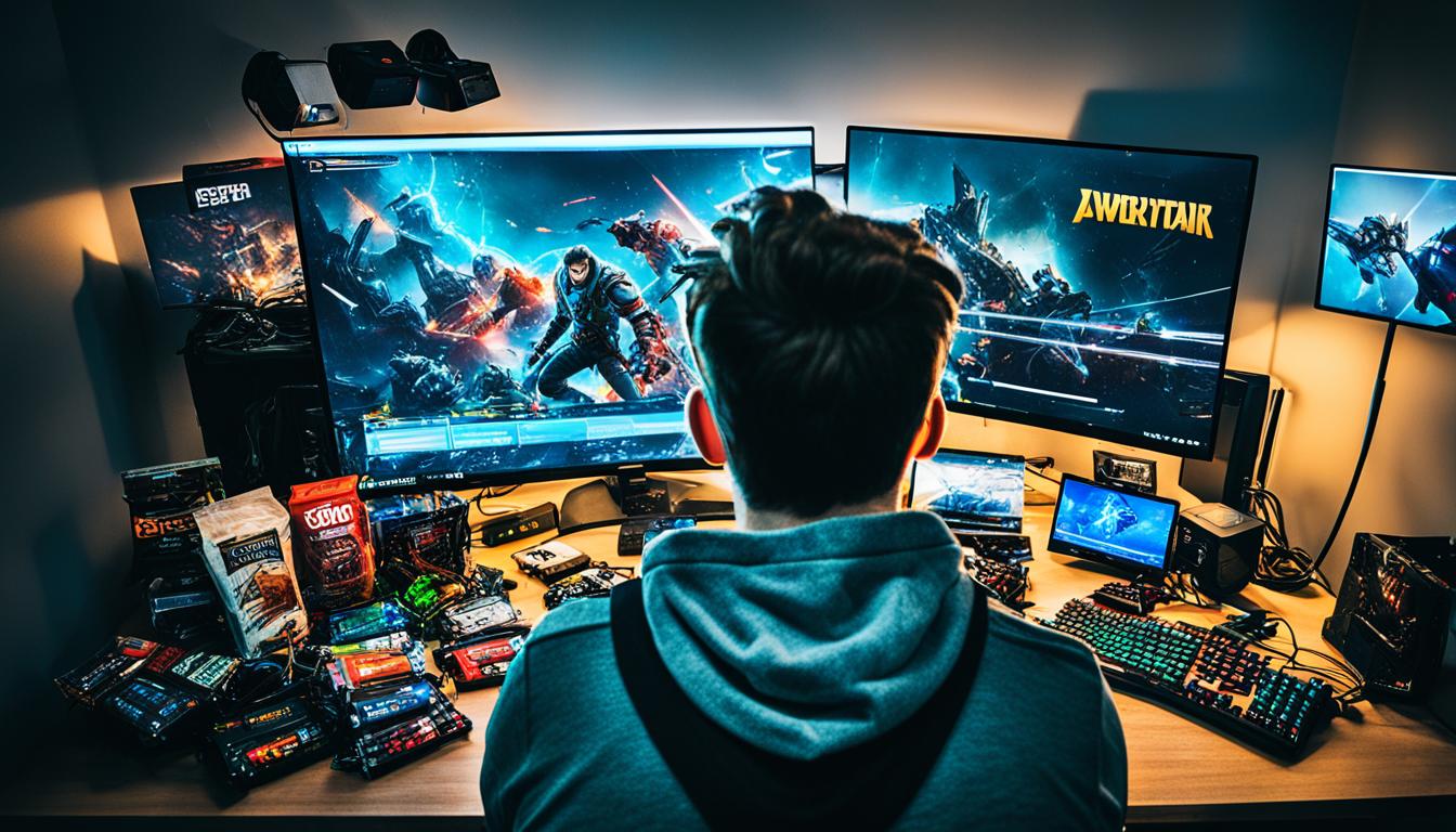 A cluttered desk with a laptop, gaming console, controllers, and wires strewn about. A person on a budget is seen attempting to organize and set up their gaming system, with a look of determination on their face. The room is dimly lit, with the glow of the screen illuminating their face. On the desk are various snacks and energy drinks, indicating that this person is ready for a long gaming session ahead.