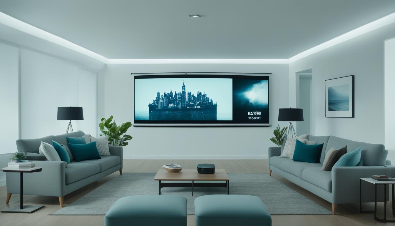 A split-screen view of a living room with a short throw projector on one side and a long-throw projector on the other. Show the short throw projector projecting a movie onto a white wall at a close distance, while the long-throw projector projects the same movie onto a large screen at a far distance. Demonstrate the difference in brightness, clarity, and size between the two projections. Use warm tones for the short throw projector side and cool tones for the long throw projector side to create a contrast between the two.