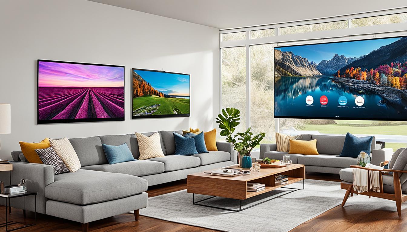 Shown in the image are the best smart projectors for living room entertainment setups, with each one featuring a different popular smart projector brand. Make sure to showcase each projector's unique features, such as brightness, resolution, size, and connectivity options. We have used warm and inviting colors to create a cozy atmosphere in each living room.