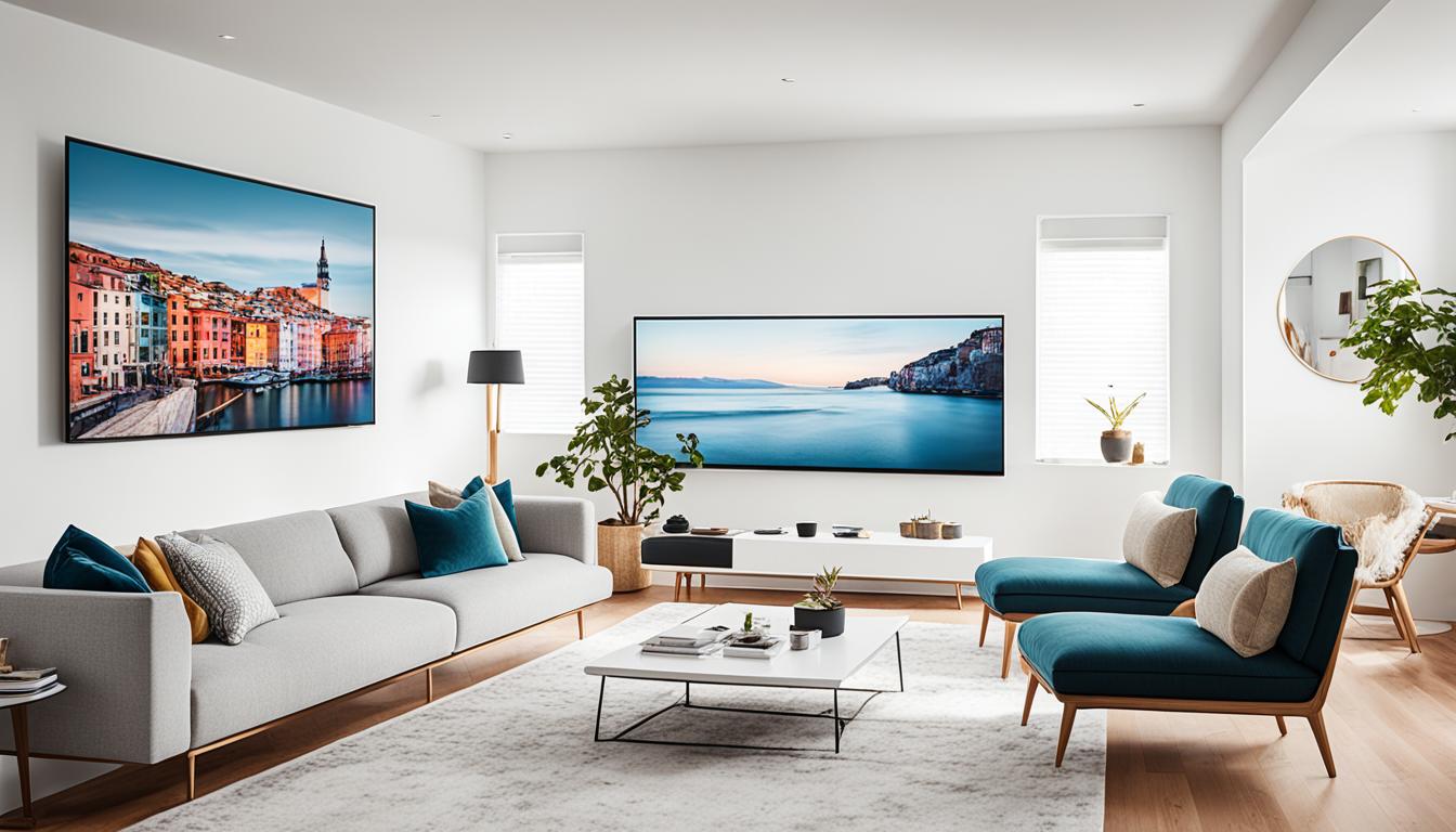 Showcase a sleek, minimalist living room with a white wall as the backdrop. In the center, is placed a compact and portable smart projector on a clutter-free coffee table. The projector is displaying a vibrant, high-quality image on the wall with crisp details and rich colors. To emphasize flexibility, you will find various seating options around the room, such as a cozy loveseat and floor cushions. Add natural light pouring in from large windows to create a warm and inviting atmosphere.