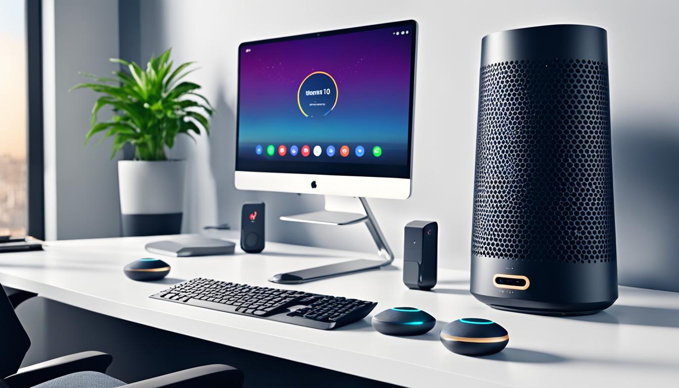 A futuristic setting of a sleek and modern desk setup featuring the top 10 smart speakers for PC under 10000 in India 2024. The speakers is placed strategically around the desk, each one highlighting their unique features and design. The overall image give off a sense of sophistication and cutting-edge technology.