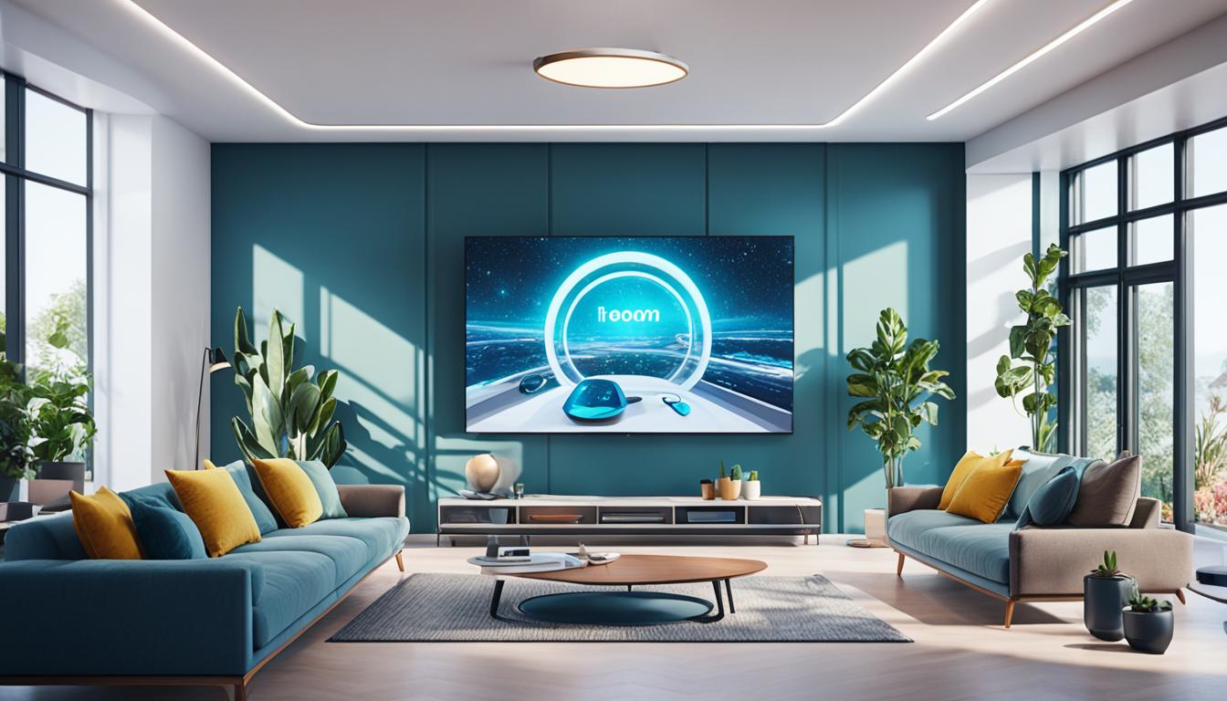 Shown a futuristic living room with seamlessly integrated smart home devices, including the top 10 smart speakers for PC under 10000 in India 2024. The room is filled with natural light, and the speakers are strategically placed around the room to create an immersive sound experience. The image convey a sense of ease and convenience as the smart home devices work seamlessly together to enhance the user's lifestyle.