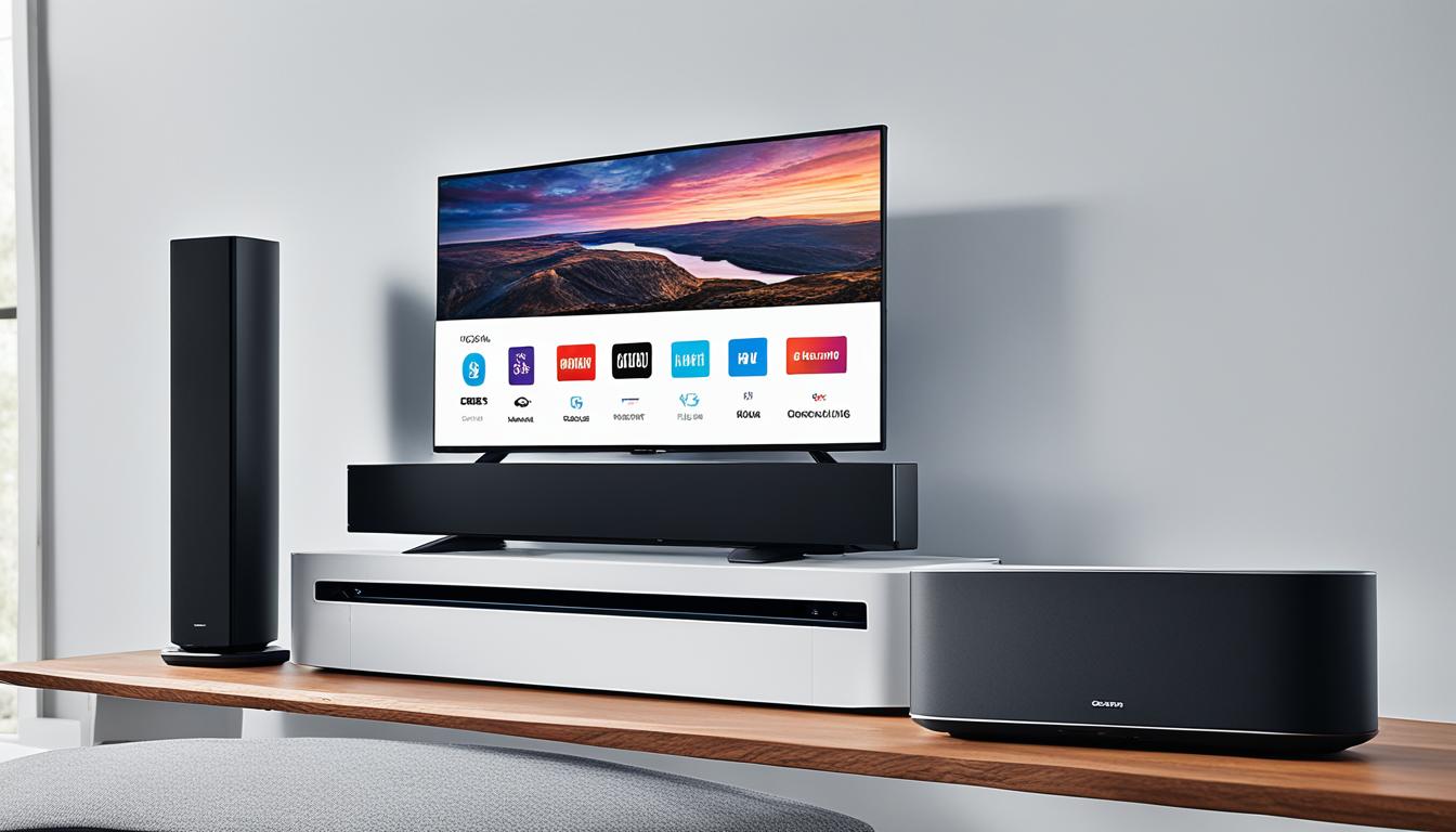 The Best Smart Home Theater System for Small Rooms shows a sleek and modern compact smart home theater that fits perfectly in a small room. The system features a wireless soundbar with immersive surround sound, a 4K HDR projector with crisp and clear visuals, and a user-friendly control panel for easy navigation. The system seamlessly integrates with popular streaming services and voice assistants, making it the ultimate entertainment hub for movie nights and gaming sessions alike. The dark color palette and minimalist design give the system a sophisticated and premium feel, perfect for any modern home.