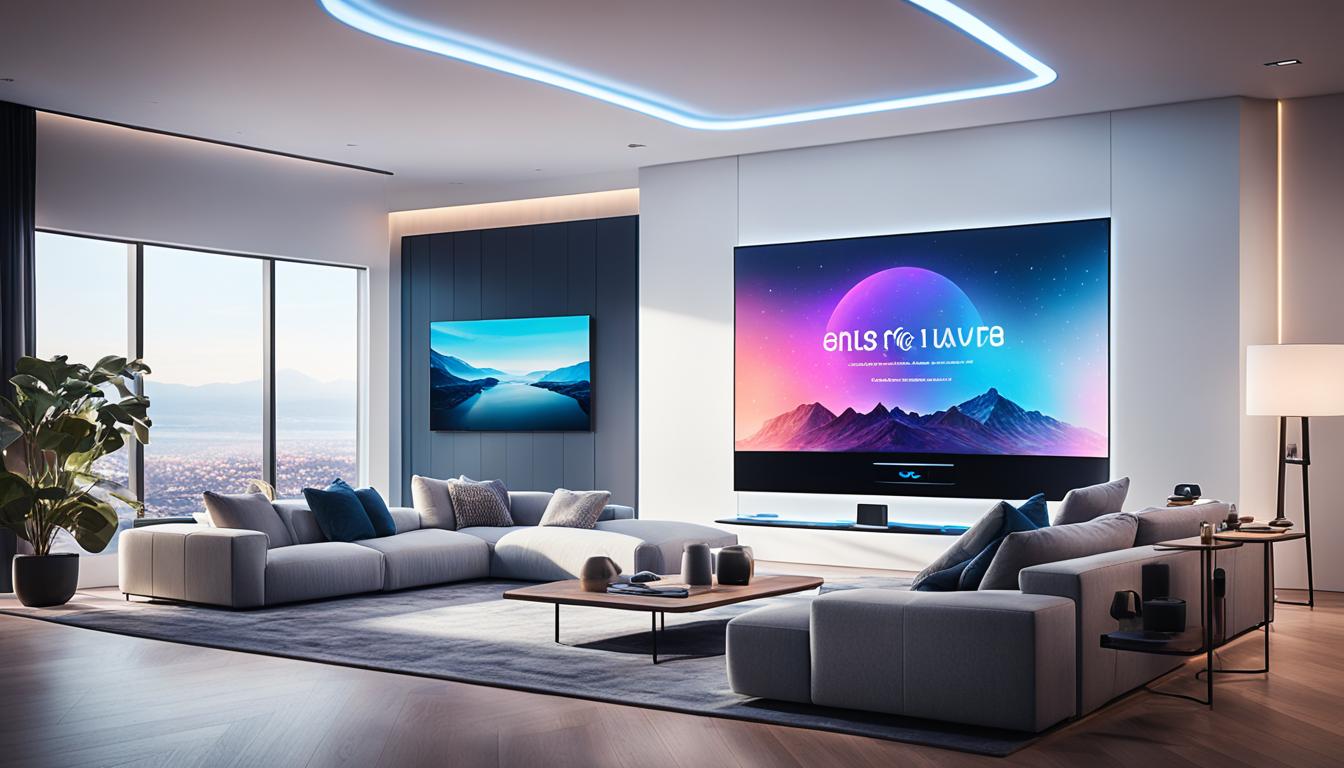 A futuristic living room with a sleek, compact home theater system featuring voice-activated controls and wireless streaming capabilities. The room is bathed in warm, ambient lighting and showcases the integration of smart home devices such as Amazon Alexa, smart lighting, and smart thermostat seamlessly working together. The focus is on the immersive viewing experience with high-quality sound, sharp visuals, and a comfortable seating arrangement.