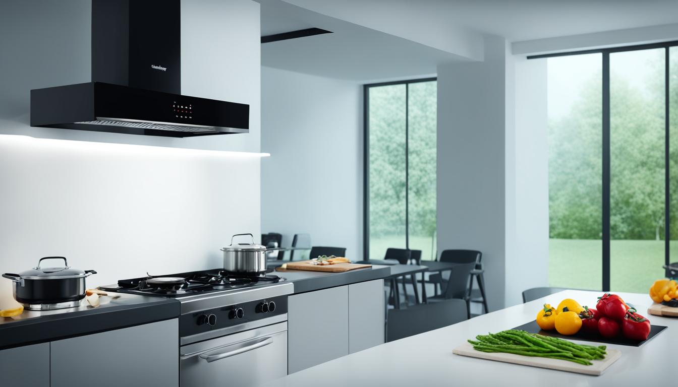 Show a modern kitchen with a sleek, black Hindware chimney installed above the stove. The chimney has a smoke sensor that is activated as the cook prepares a delicious meal. The exhaust fan is shown in action, pulling smoke and steam away from the cooking area. The overall image should portray a clean and efficient kitchen environment with the Hindware chimney playing a vital role.