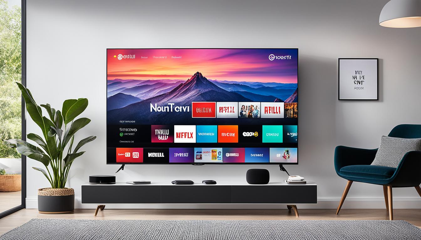 Show a sleek and modern living room with a large smart TV mounted on the wall. On the TV screen, display various streaming apps such as Netflix, Hulu, Amazon Prime Video, and Disney+. In front of the TV, include a variety of streaming devices such as a Roku stick, an Amazon Fire stick, a Google Chromecast, and an Apple TV box. Make sure each device is prominently displayed and has its own unique design and color scheme. The room should have a clean and organized feel with no clutter or distractions.