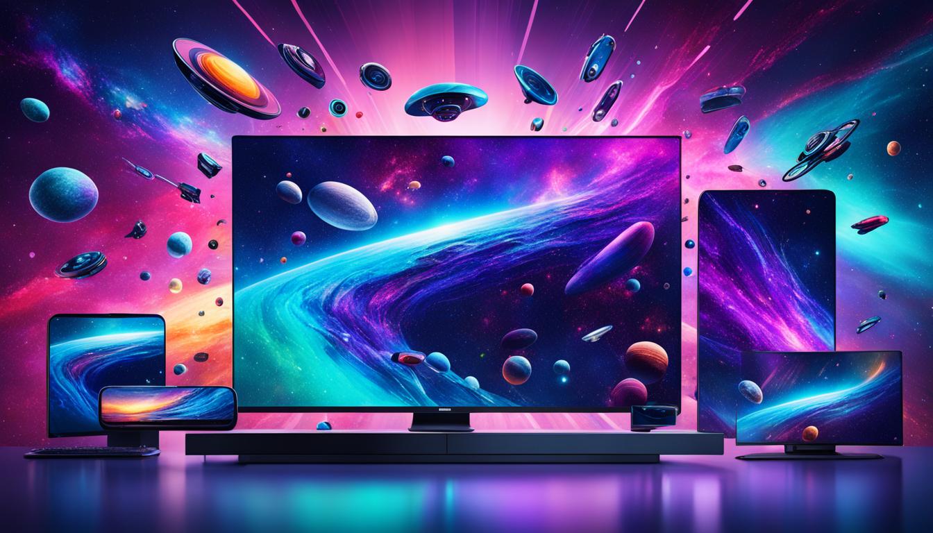 A vibrant galaxy of interconnected devices streaming seamlessly to a large screen.