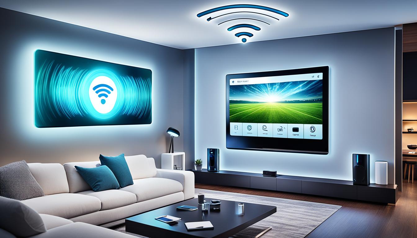 Visualize a smartphone and a smart TV connected wirelessly through a glowing Wifi icon. The phone could be held in someone's hand whilst the TV is mounted on a wall or sitting on a table, and the Wifi signals represented by waves of light beaming between the devices. The setting is cozy living room with comfortable seating and warm lighting.