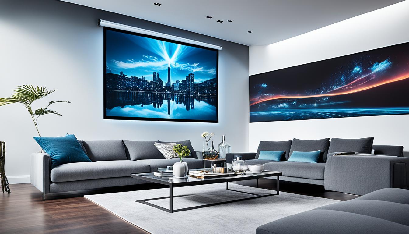 A sleek, modern living room with a high-tech projector casting a clear and bright image onto the wall. The projector is positioned close to the wall, creating a large screen size without taking up too much space in the room. The colors and details in the projected image are crisp and vibrant, bringing movies and TV shows to life in stunning clarity. The overall atmosphere is cozy and inviting, with comfortable seating and ambient lighting to enhance the viewing experience.