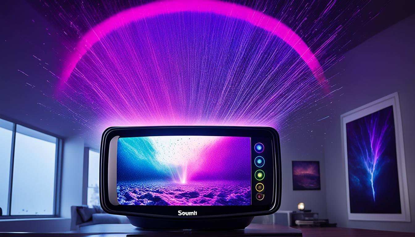 A vibrant array of colors bursting from a sleek, monsoon-proof projector as it beams onto a wall. The colors are rich and bold, showcasing the advanced color technology of the projector. In the background, a storm rages on outside, but inside, the picture remains vivid and clear thanks to the projector's image enhancement capabilities.