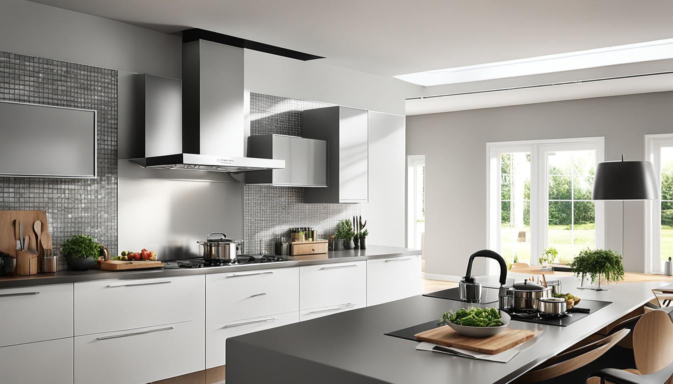 An image of a sleek and modern kitchen with a Faber Kitchen Chimney mounted above the stove. The chimney should be highlighted as the centerpiece of the kitchen, with its smoke sensor feature emphasized. Show it in action, effectively removing smoke and cooking odors from the air. The color palette should be neutral and sophisticated, with pops of stainless steel or chrome accents to highlight the chimney's sleek design. The kitchen should be well-lit, with natural light streaming in from a nearby window to further showcase the sophisticated and modern look of the Faber Kitchen Chimney.