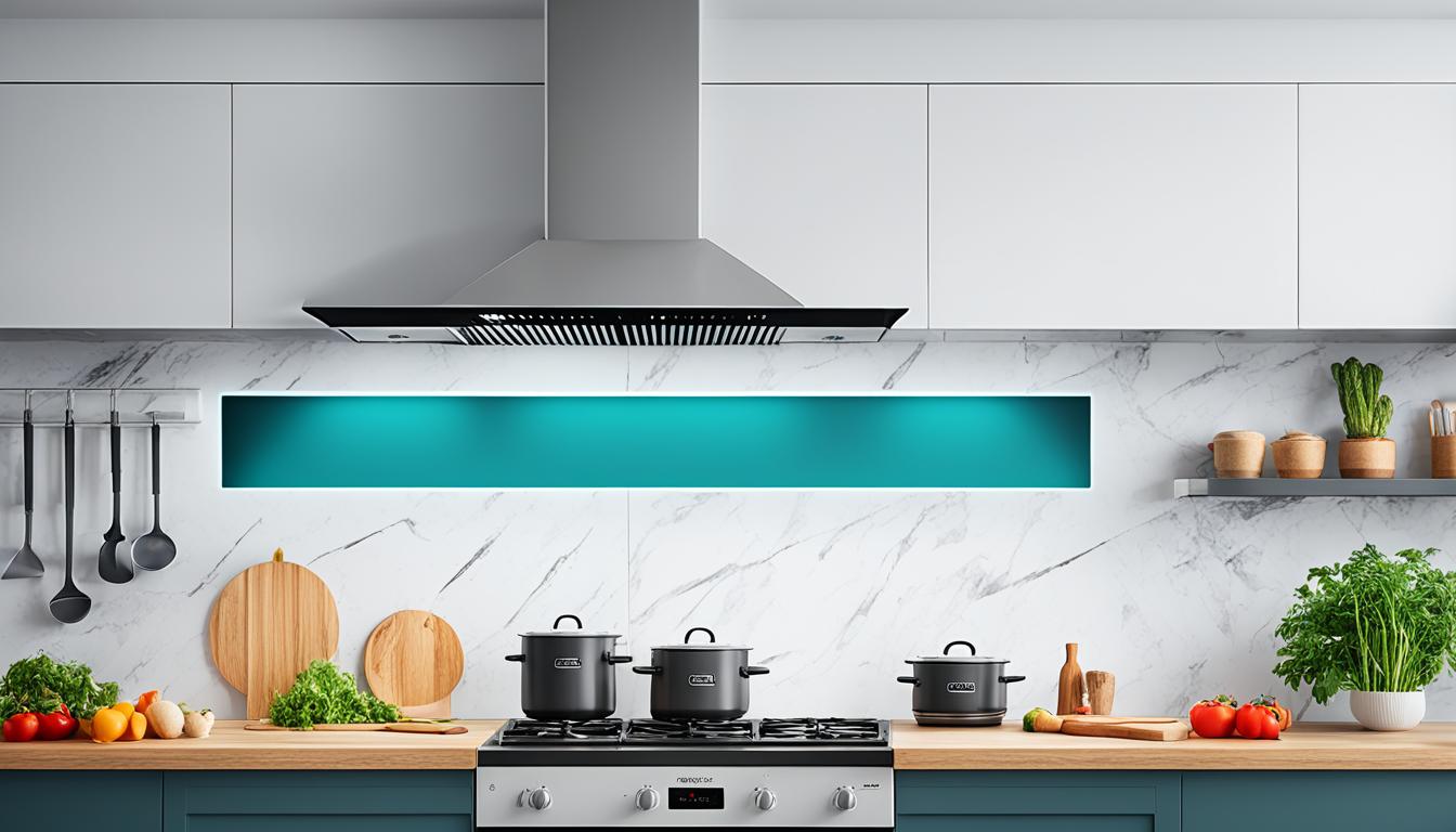 The image is of the top-rated kitchen chimney brands under 15000 with smoke sensor in India 2024. Show various types of kitchen chimneys from different brands in a modern kitchen setting. Use bold and vibrant colors to make the image more eye-catching. Make sure to highlight the brand logos and names prominently in the image. The image should convey a sense of sophistication and luxury associated with these top-rated brands of kitchen chimneys.