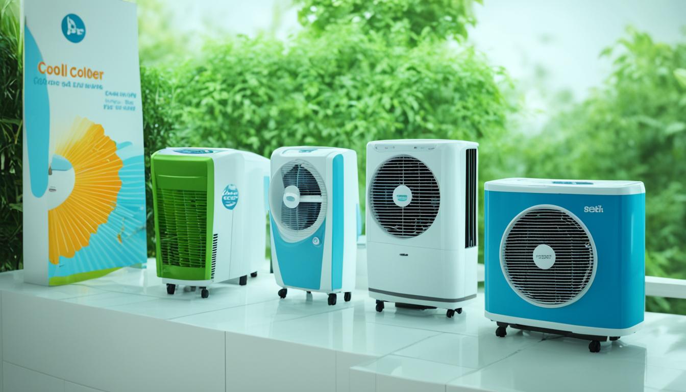 Show the 7 best air coolers in India with humidity control, prominently positioned in the background. Each cooler should have unique features that make them stand out, such as different colors, shapes, and sizes. The coolers should appear to be working well to provide cool air and reduce humidity around them. People in the scene should look relaxed and comfortable, enjoying the cool breeze from the air coolers. T7 Best Air Coolers in India with Humidity Control: Beat the heat and humidity. The image is bright and colorful to capture the vibrancy of Indian summers.