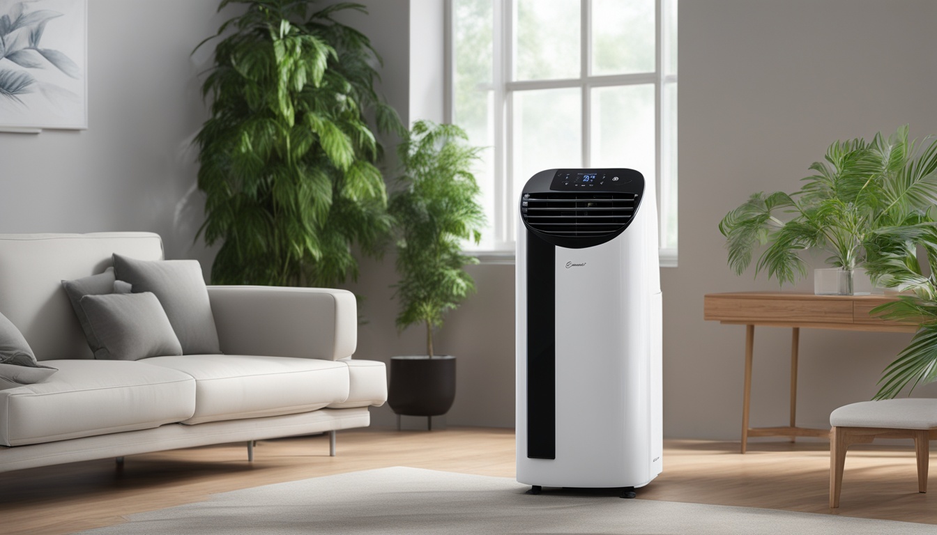 An air cooler with humidity control standing in a bright and spacious room, surrounded by lush green plants and open windows. The cooler is sleek and modern, with a digital display panel and adjustable air vents. The humidity control feature is highlighted with a small cloud icon on the display panel. The room looks cool and refreshing, with a slight mist in the air and a feeling of relaxation.