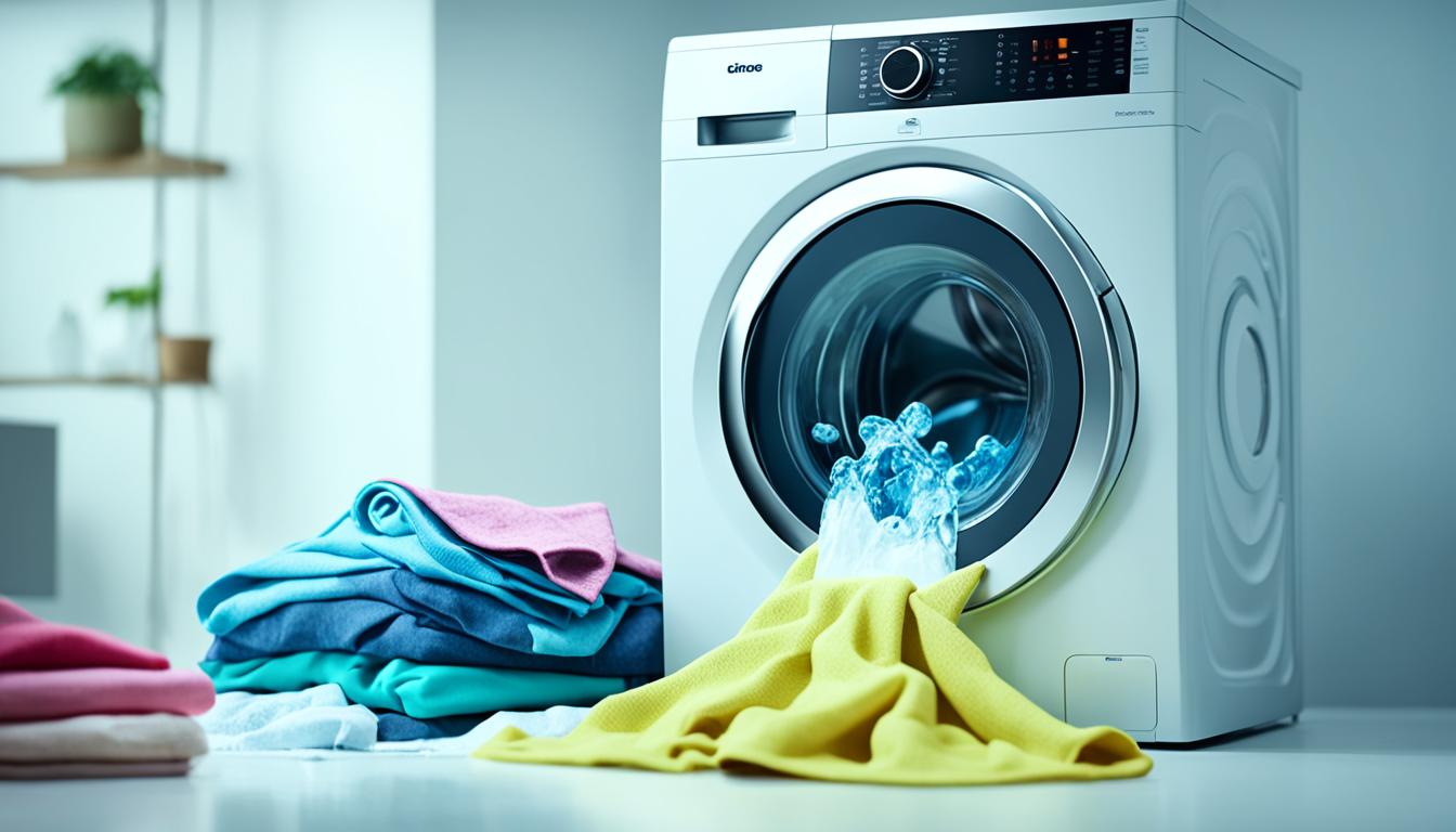 This image of the best washing machine under 15000 fully automatic in 2024 shows a washing machine surrounded by various clothing items, with water droplets visible on the machine and clothes, conveying a sense of freshness and cleanliness. The background can be slightly blurred to draw attention to the machine.