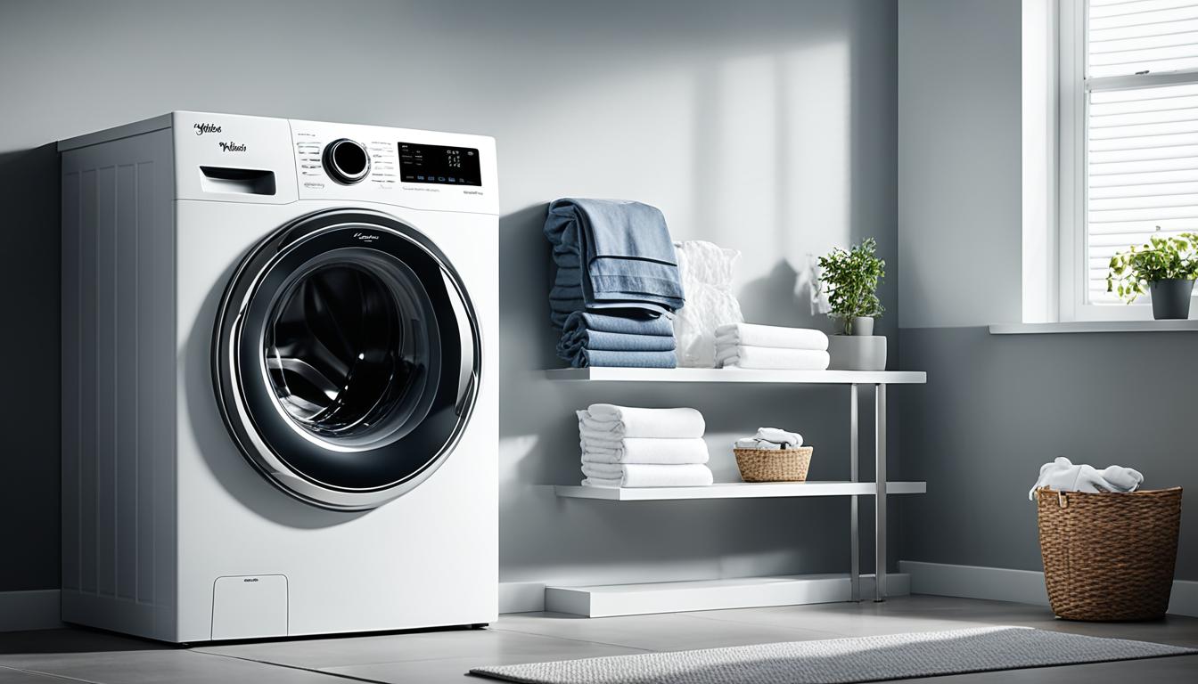 This is an image of the Whirlpool washing machine in a modern and stylish laundry room. The machine prominently displays, with its sleek design and 5-star rating clearly visible. The room should be well-lit, with natural light streaming in from a nearby window. Show a pile of laundry next to the machine, waiting to be washed. Add a few decorative elements, such as a vase of flowers or a framed print on the wall, to add visual interest to the scene.