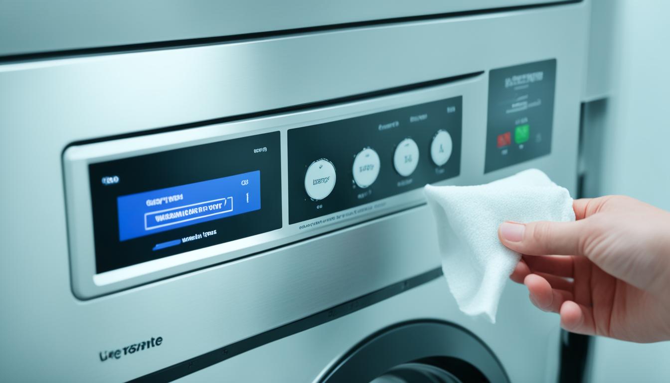 A close-up of a hand pouring white vinegar into the washing machine's detergent compartment. The other hand holds a cloth, wiping the rubber seal around the door to prevent mold growth. In the background, the washing machine's control panel displays the maintenance cycle being run.