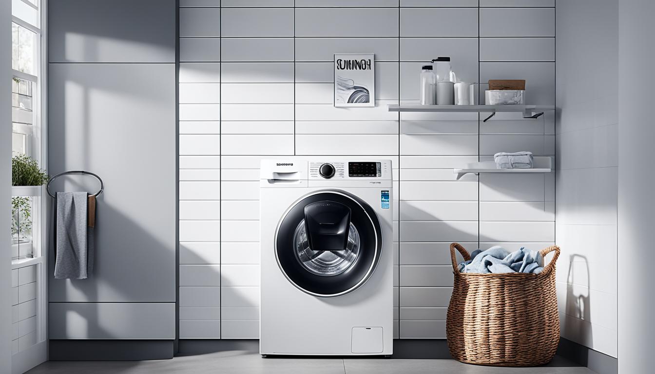 This image shows the Samsung 8.5 Kg washing machine in a modern laundry room. It is set against a wall with white subway tiles and has a basket of freshly washed clothes next to it. The machine itself has a sleek black and silver design, with its control panel lit up and ready to use. The spinning drum inside the machine is slightly visible through its transparent lid, showing the clothes being washed. The room is bright and airy, with natural light streaming in from a window, creating a warm and inviting atmosphere.