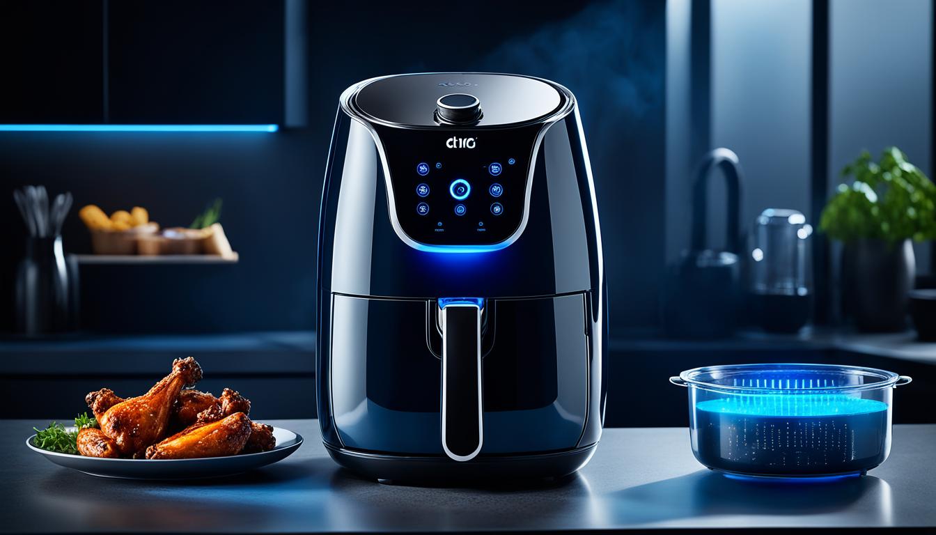 In this image shows the best air fryers in India With AI technology 2024 where we have focuss on s sleek and modern air fryer, glowing with a cool blue light against a dark background. Steam rises from perfectly cooked chicken wings inside the fryer, while an AI assistant hovers in the corner of the image, providing suggestions for seasoning and cooking times. The words "AI Technology 2024" are stamped prominently on the front of the fryer, indicating its advanced features.