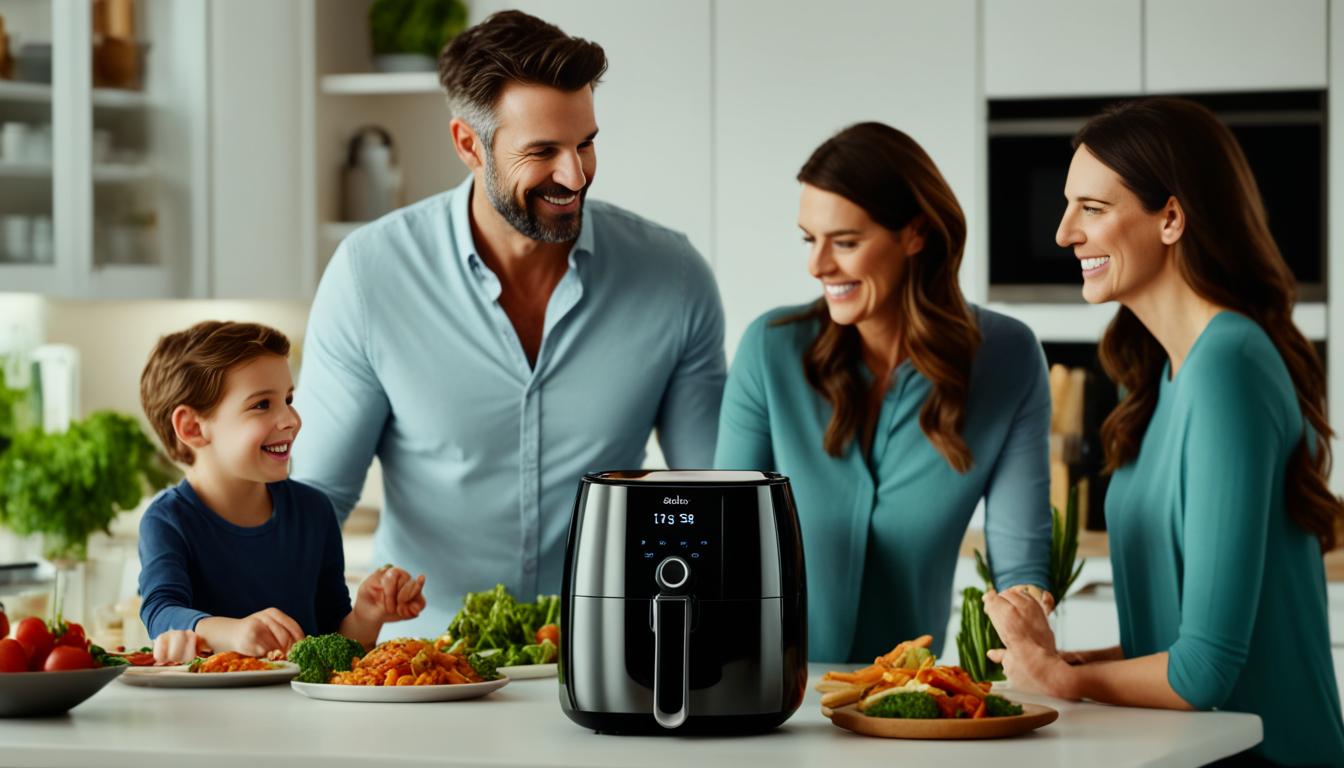 Show an image of a family happily using a budget-friendly AI air fryer in their kitchen. The air fryer is prominently displayed on the countertop, with its sleek design and easy-to-use controls visible. The family shown enjoying delicious, healthy meals that have been cooked in the air fryer, with a variety of dishes visible on the table. The image emphasize the affordability and accessibility of this cutting-edge technology, and showcase how it can easily enhance the quality of everyday life in a practical and affordable way.