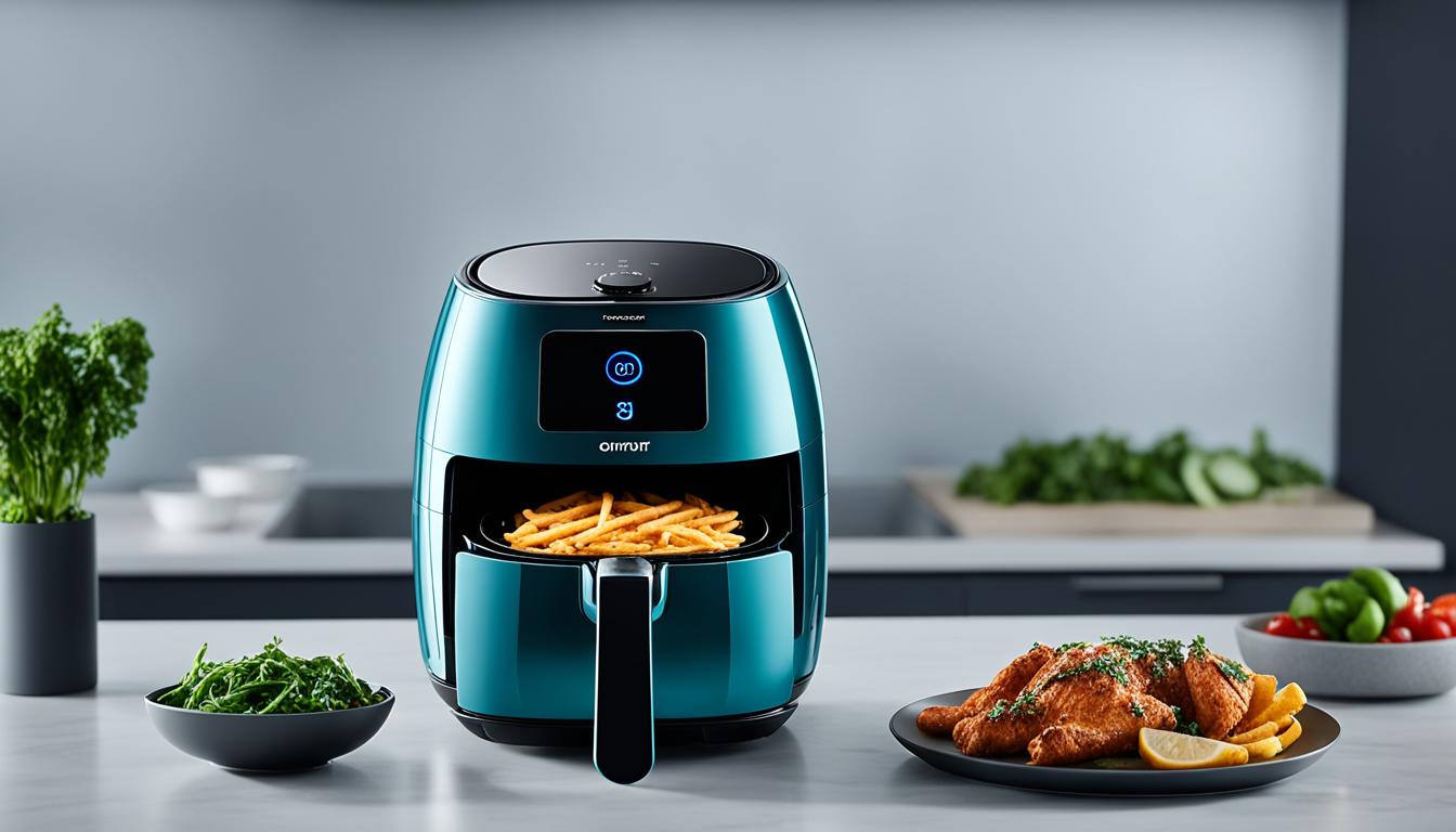 Shows an AI air fryer with its advanced features, such as voice command and automatic cooking presets, in action as it cooks a variety of healthy and delicious meals. The image highlight the convenience and simplicity of using this smart kitchen appliance, while also showcasing its sleek and modern design. It includes visual cues that convey the technology behind the device, such as sensors, LED displays, and other futuristic elements.