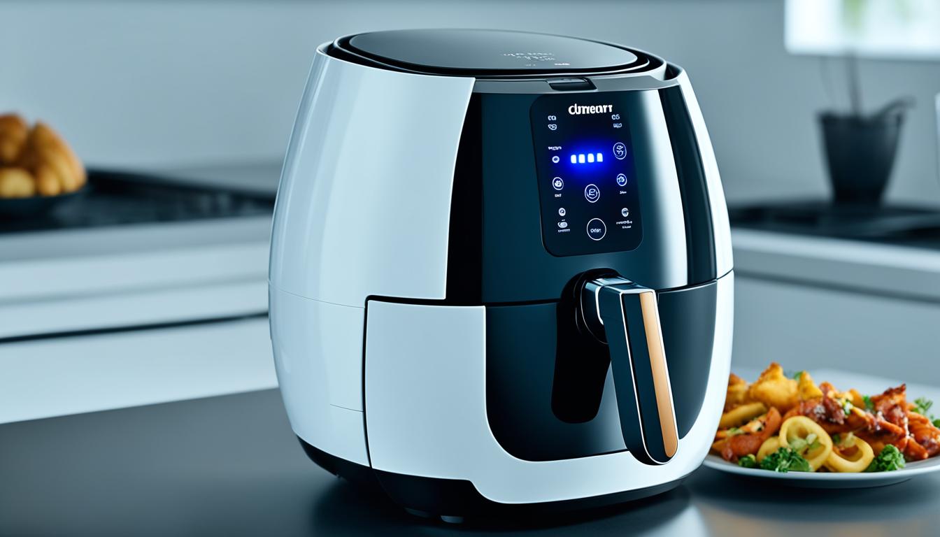 This image of an air fryer that has been enhanced by AI technology. The air fryer should be the main focus of the image, with its sleek design and cutting-edge features. We used vibrant colors and detailed textures to bring the image to life. Show how easy it is to use the air fryer, with intuitive controls and seamless integration with your kitchen. Highlight the health benefits of using an air fryer, and how AI technology can enhance these benefits even further. Overall, the image convey a sense of excitement and innovation, showcasing how AI-powered air fryers are revolutionizing the way we cook and eat.