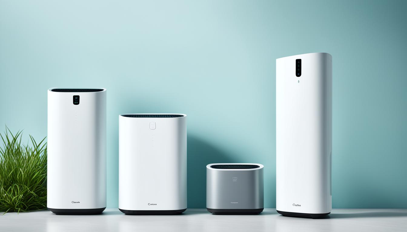 A collection of 10 best air purifiers for smoke and dust that is sleek and modern sets against a backdrop of a clean and refreshing environment. Each purifier is shown in detail, highlighting its unique features and design. The image showcases the diversity of the products, with options ranging from compact to large, and various colors and shapes. A subtle mist surrounds the purifiers, symbolizing the fresh air they produce. The overall aesthetic is calming and inviting, making viewers want to breathe deeply and enjoy the pure air created by these top-quality devices.