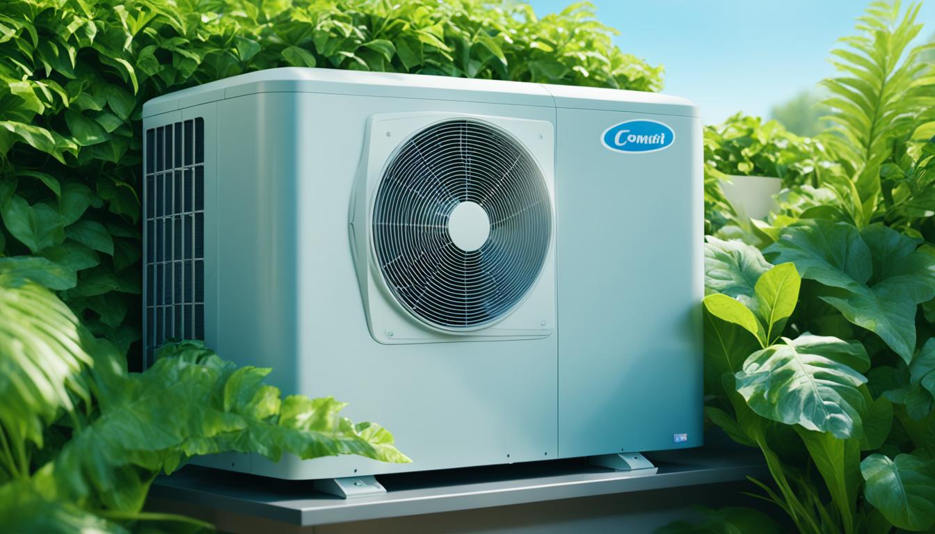 Show an air conditioning unit set against a backdrop of lush greenery and a clear blue sky. Have the unit emit a cool mist instead of traditional cold air, emphasizing its eco-friendliness. The mist should create a refreshing and natural atmosphere, suggesting that this type of air conditioning is not only sustainable but also enhances the environment around it.