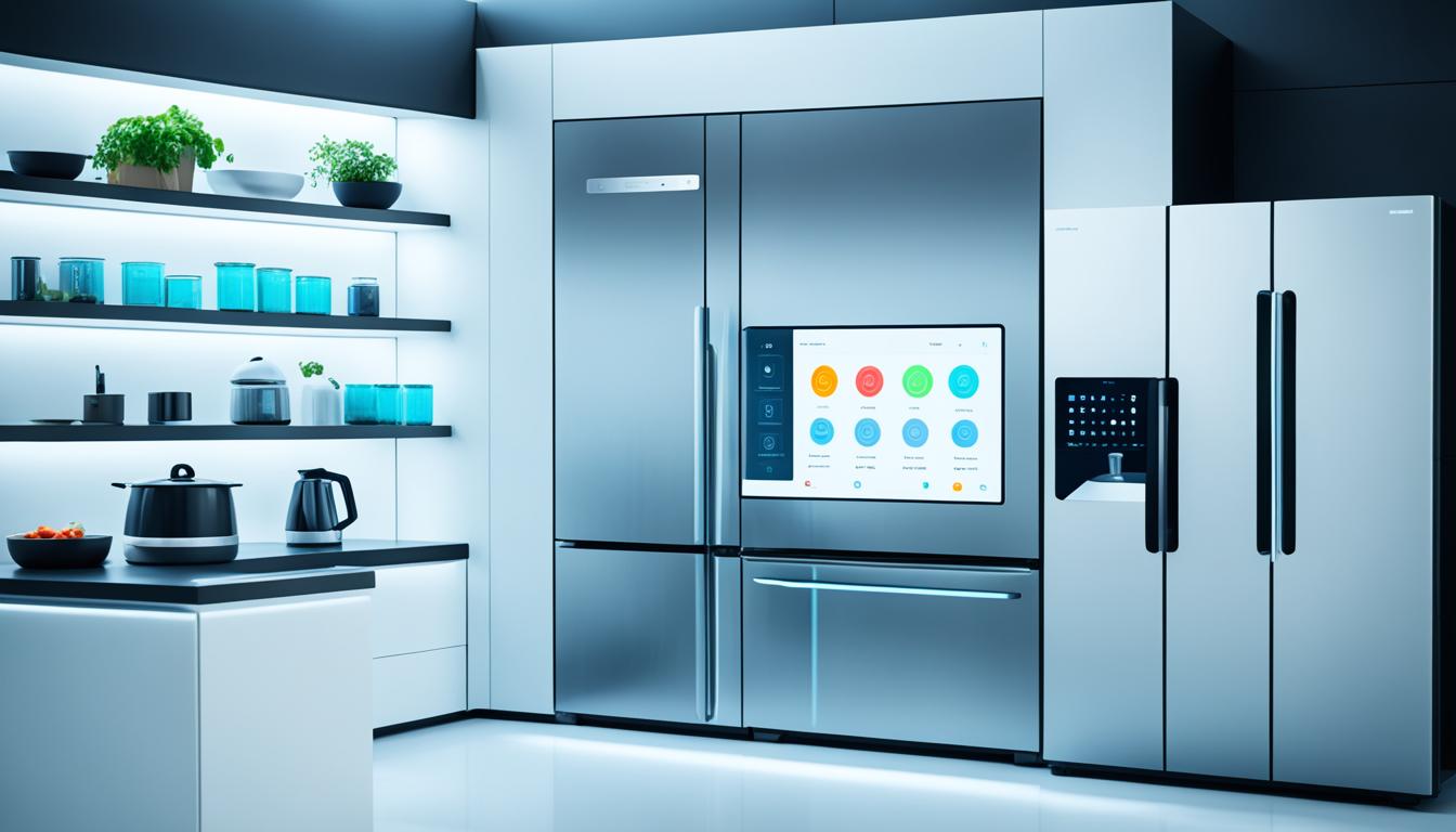 Best smart refrigerator in India 2024, shows a futuristic kitchen with sleek, modern appliances including a smart refrigerator displaying the temperature and inventory on a touchscreen panel.