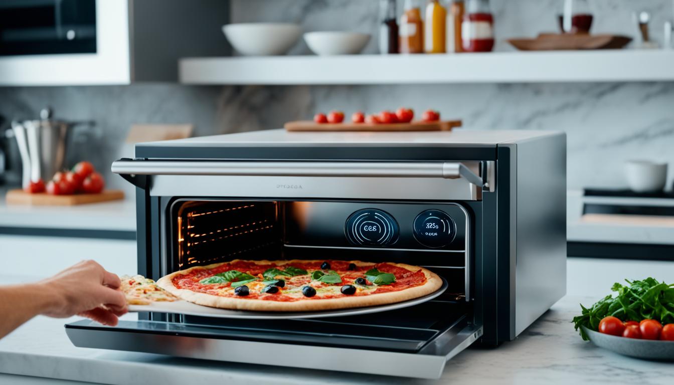 This image on how to choose smart oven for making pizza making at home, shows a sleek and modern smart oven sitting on a marble countertop, with a perfectly cooked pizza on display inside and a chef's hand reaching in to grab a slice. In the background, small kitchen appliances and ingredients for making pizza are visible.