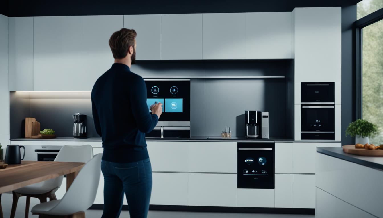 The image of Voice-Controlled Kitchen Appliances shows a sleek and modern kitchen with voice-controlled devices such as a refrigerator, oven, and coffee maker. The appliances are all integrated seamlessly into the design of the kitchen, creating a cohesive and stylish look. The user is seen speaking to their virtual assistant device, commanding it to preheat the oven or brew their coffee. The overall atmosphere is one of convenience and luxury.