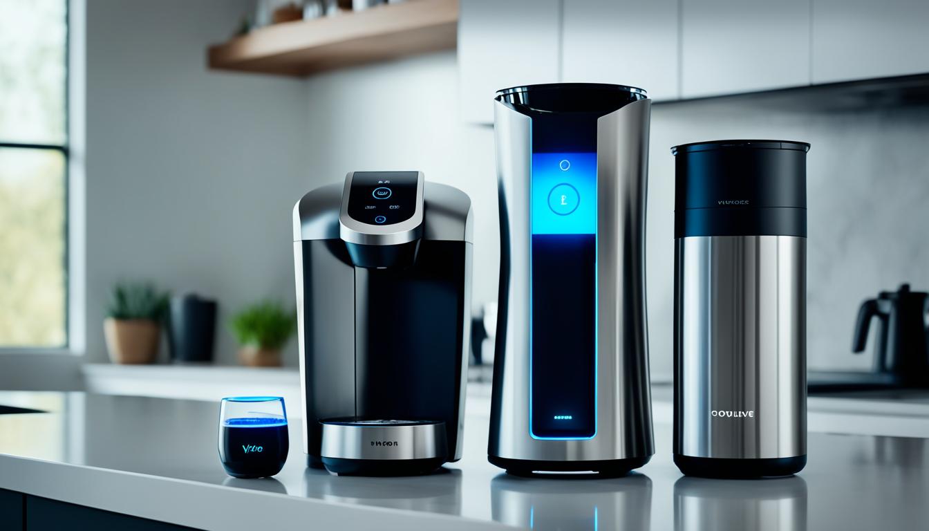 A side-by-side comparison of two voice assistants, one with a sleek modern design and the other with a more traditional look. They are placed in the center of a kitchen countertop surrounded by various appliances, such as a coffee maker, blender, and toaster. The modern voice assistant has a touchscreen display while the traditional one has physical buttons. Both have glowing LED lights indicating their activation status. The appliances around them are blurred to bring focus to the voice assistants.