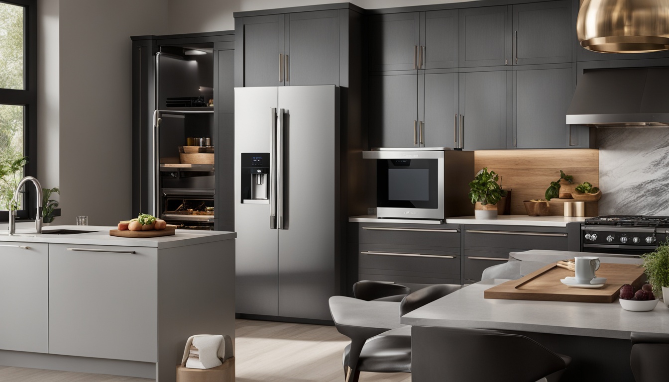 An image of a modern kitchen with sleek, stainless steel appliances that are all compatible with Google Assistant's voice control. The refrigerator has a touch screen display and can be controlled using voice commands. The oven has a smart cooking feature that utilizes Google Assistant to adjust cooking time and temperature based on the recipe being used. The coffee maker can be activated using a voice command to start brewing coffee. The dishwasher can be set to run at a certain time using Google Assistant, making it more convenient for busy homeowners. The image should showcase the seamless integration of technology in the kitchen, all thanks to Google Assistant.