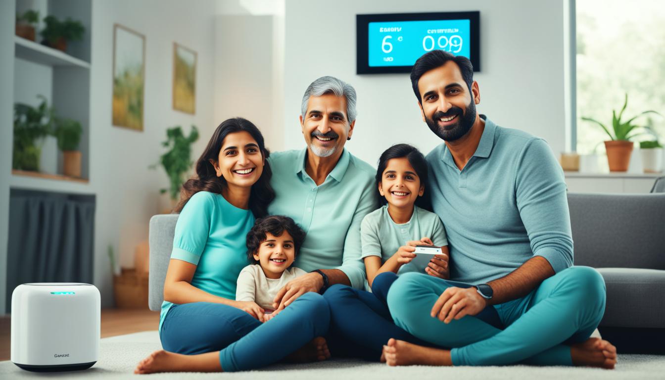 The Best AI-enabled Home Climate Control Systems image, shows an Indian family sitting comfortably in their living room while an AI-powered climate control system adjusts the temperature to optimize energy savings. The device is prominently featured in the image, displaying data on the energy usage and cost savings. The family looks happy and relaxed, enjoying the comfortable temperature without worrying about their electricity bill. The background hints at the hot and humid Indian climate, emphasizing the benefits of using advanced technology to reduce energy consumption and promote sustainability.