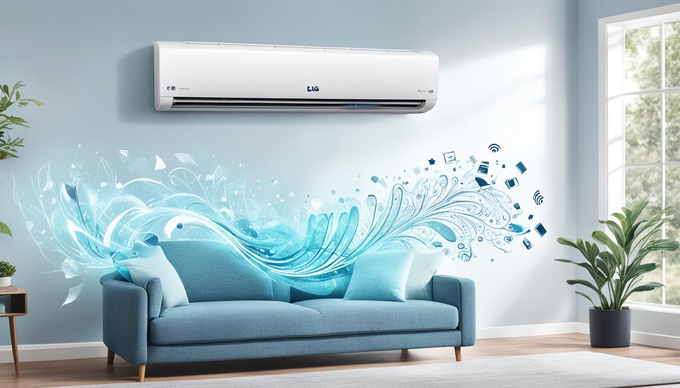 An abstract image of the LG 1.5 Ton 5 Star DUAL Inverter Wi-Fi Split AC system with cool blue tones and swirling patterns to represent its efficient and advanced climate control technology.