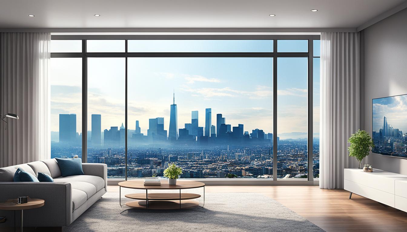 Show the Panasonic 1 Ton 5 Star Wi-Fi Inverter Smart Split AC in a modern and stylish living room with a large window overlooking a beautiful city skyline. The AC unit is featured, with its sleek design and advanced technology highlighted in the image. The room is well-lit, with natural light streaming in from the window, creating a warm and inviting atmosphere. The furniture in the room is modern and chic, with pops of bright colors adding to the overall aesthetic. The image conveys a sense of comfort and luxury, showcasing how this cutting-edge climate control system enhance any home.