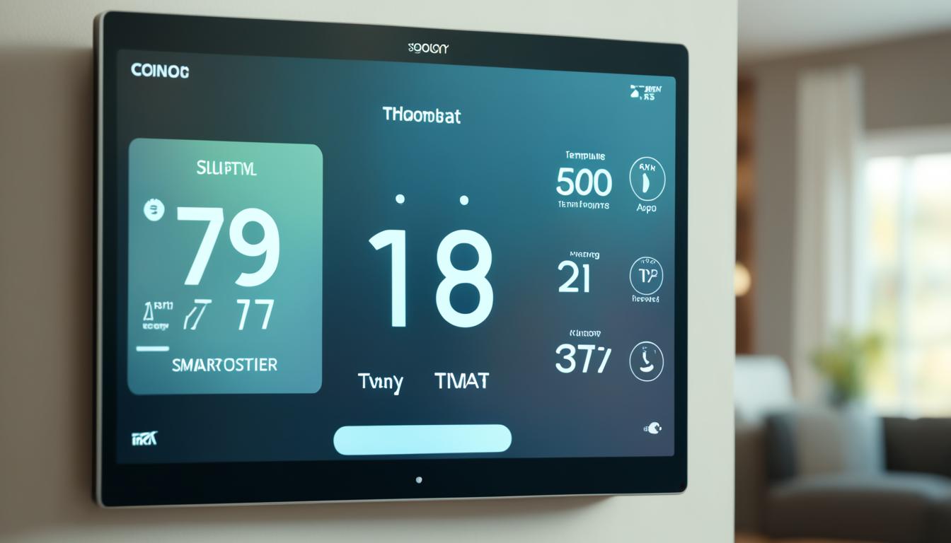 A sleek, modern thermostat with a digital display and temperature control settings. The thermostat appears integrated with a smart home system, showing how it can be customized and controlled remotely through a smartphone app. The background is a cozy living room setting with warm colors and furnishings.