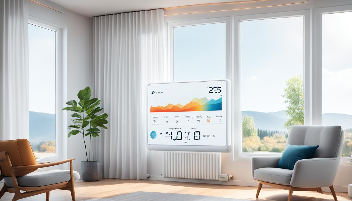 This image shows how to Optimize Your Home's Climate with AI. It showcases a cozy living room with a modern, sleek air conditioning unit installed on the wall. The temperature display on the unit reads 23 degrees Celsius, and the AI-powered thermostat next to it shows a graph of the temperature fluctuations and energy usage throughout the day. The curtains are drawn to block out the afternoon sunlight, and a comfortable armchair sits near a coffee table with a plant on top. In the background, the silhouette of a person can be seen relaxing on a sofa with a book in hand, feeling perfectly comfortable thanks to the intelligent home climate control system.