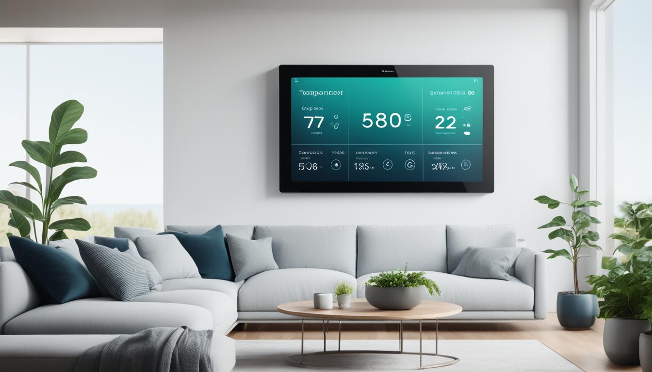 An AI-powered climate control system seamlessly integrated into a smart home environment, with emphasis on energy efficiency and comfort. The temperature is regulated according to occupants' preferences, while a real-time monitoring system constantly adjusts to ensure optimal conditions. The sleek and modern design of the system complements the surrounding decor, making it an unobtrusive addition to any home.