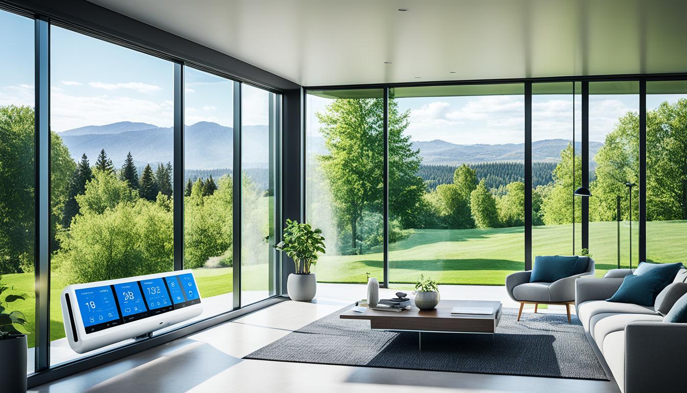 A sleek, modern home with large windows overlooking a lush green garden. The windows are tinted to prevent excessive sunlight from entering the room. Inside, an AI-powered thermostat is mounted on the wall, displaying the temperature and humidity levels of the room. The HVAC system is connected to the thermostat, and it is seen blowing out cool air. A solar panel system is visible on the roof, providing clean energy to power the home's appliances. The lights in the room are dimmed to conserve energy, and a mobile device is shown next to the thermostat, displaying real-time energy usage data.