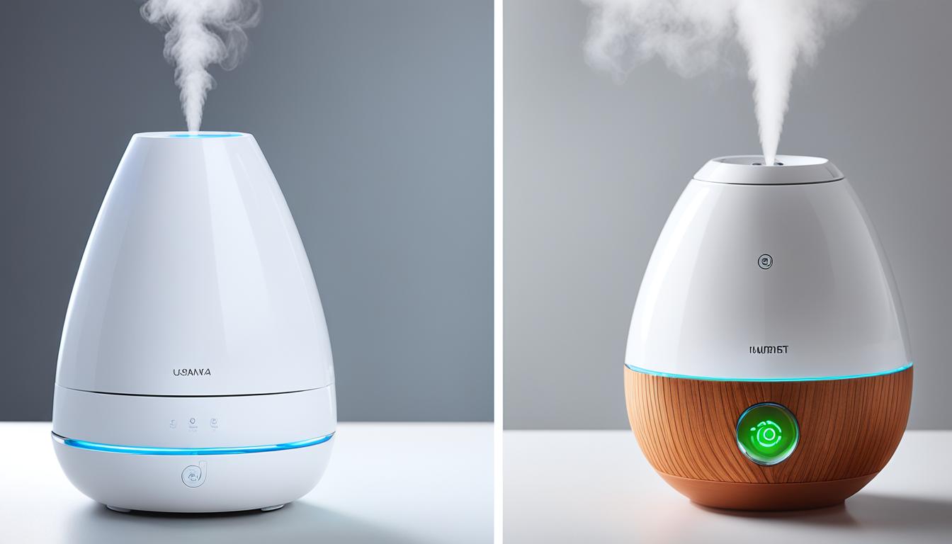 This image explains smart vs traditional humidifiers The image shows a sleek, modern smart humidifier and a traditional humidifier made from natural materials like clay or terracotta. The smart humidifier have a futuristic look with LED lights and touch screen controls, while the traditional humidifier have a more rustic feel with its handmade appearance. Shown the two humidifiers side by side with steam or mist coming out of them and indicate which one is more effective for humidifying the air in India.